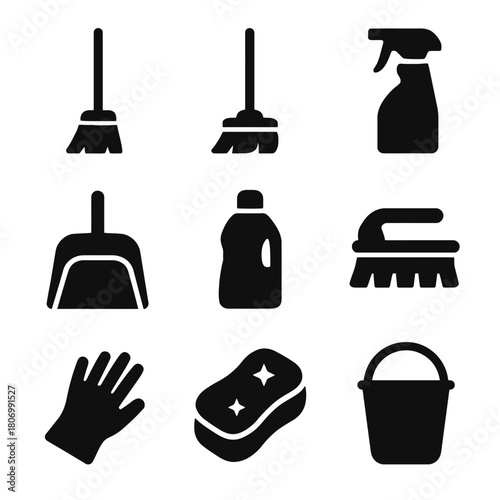 Cleaning tools icons set: broom, spray bottle, dustpan, detergent, brush, glove, sponge, bucket