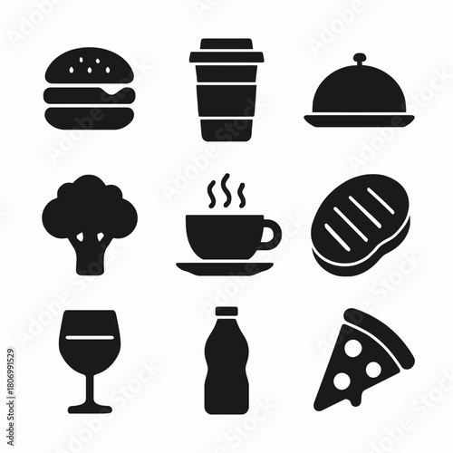 Black food and drink icons including burger, coffee, and pizza