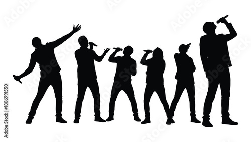 Silhouettes of singers performing with microphones isolated on white background, Vector
