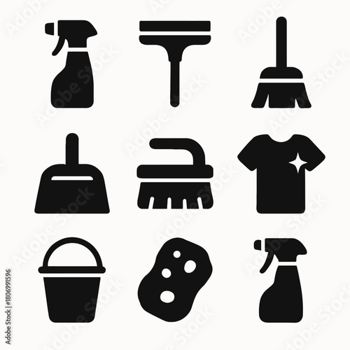 Collection of black cleaning tool icons on white background