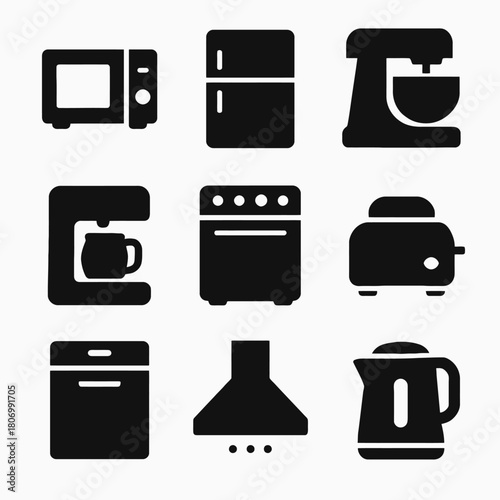 Set of kitchen appliance icons: microwave, fridge, mixer, coffee maker, oven, toaster, dishwasher, range hood, kettle