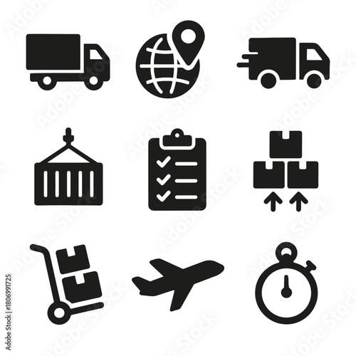 Logistics and delivery icons: truck, world, cargo, airplane, timer symbols