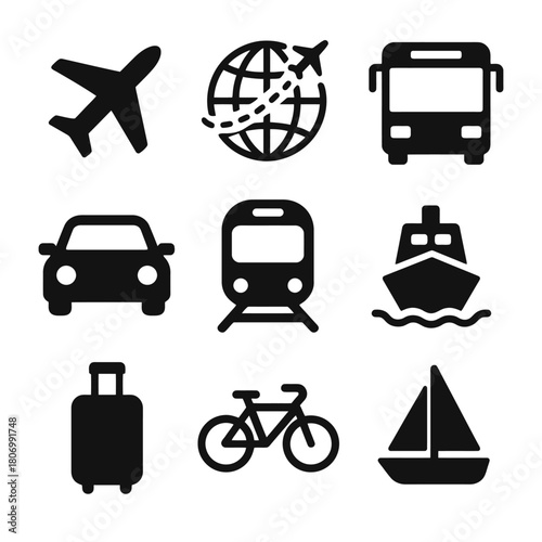 Icon set of transportation modes: plane, bus, car, train, ship, suitcase, bicycle, sailboat