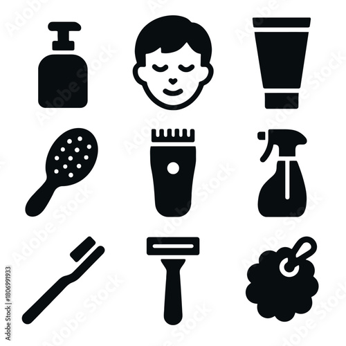 Personal care icon set: grooming tools and accessories