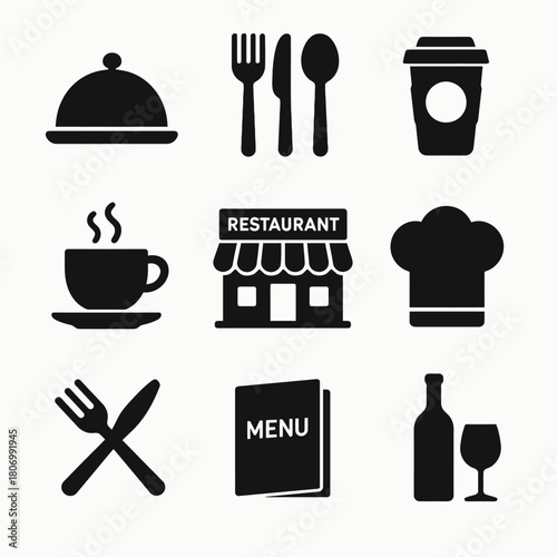 Icons of dining: restaurant, utensils, chef hat, coffee, menu, wine, food service