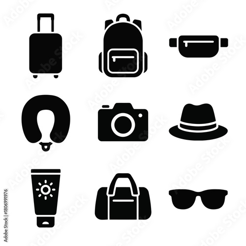 Essential travel icons: luggage, backpack, camera, and accessories silhouettes