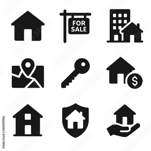 Real estate icons set: house, for sale sign, building, map, key, dollar, shield, hand