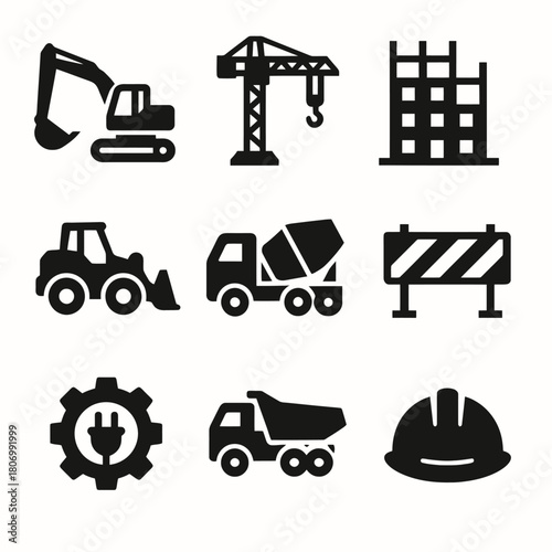 Construction icon set featuring heavy machinery and safety equipment