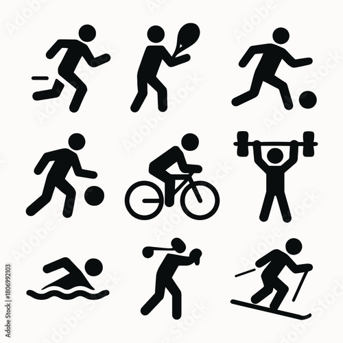 Stick figure sport icons: running, swimming, cycling, weightlifting, skiing, tennis, soccer, basketball