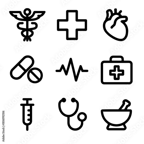 Medical icons collection including heart, cross, pills, and stethoscope symbols