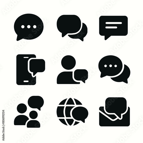 Collection of communication icons: speech bubbles, messaging, email, global networking