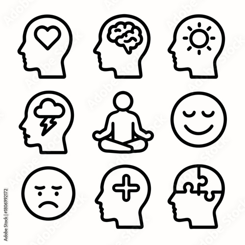 Mental health icons set: emotions, meditation, cognitive symbols