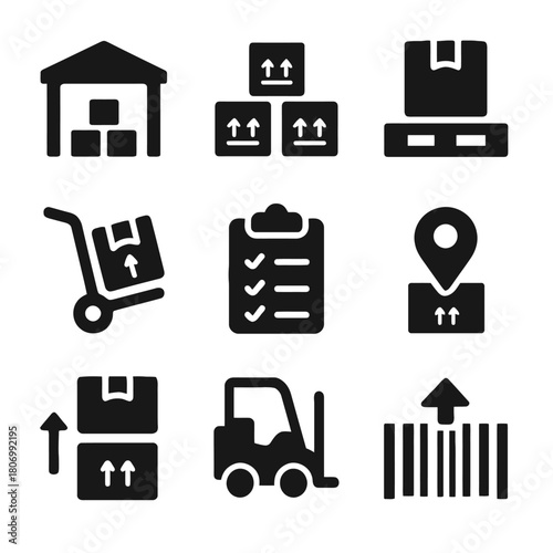Warehouse icons set: storage, shipping, and inventory symbols