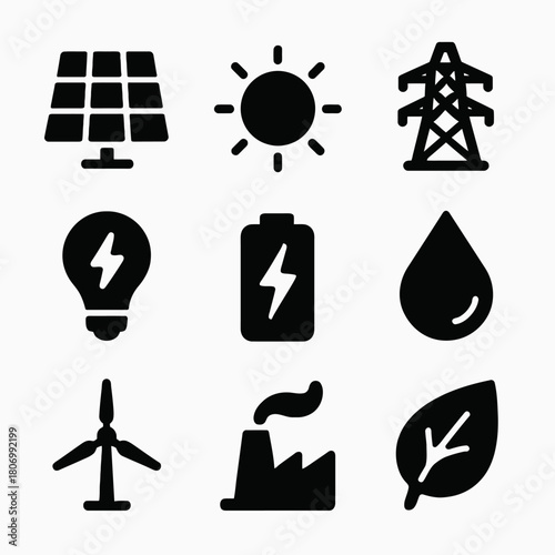 Icons of renewable energy: solar, wind, and hydropower symbols