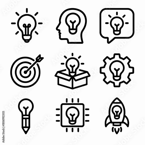 Creative innovation icons: light bulb, head, gear, box, rocket, target, pencil