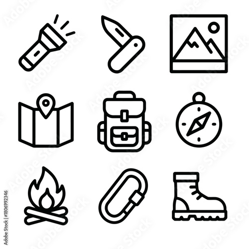 Essential outdoor camping tools: knife, backpack, flashlight, map, and more