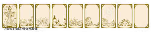 Tarot card frame set, hand drawn doodle fantasy border, mystic vintage decoration ornate graphic. Medieval divination print design, esoteric star, sun, moon illustration. Tarot card spiritual game