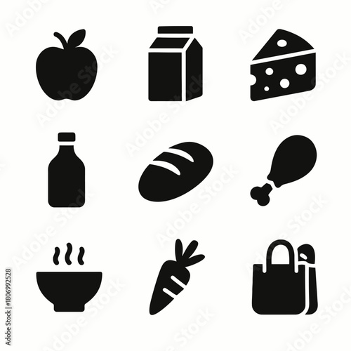 Simple food icon set: apple, milk, cheese, sauce, bread, chicken, soup, carrot, bag