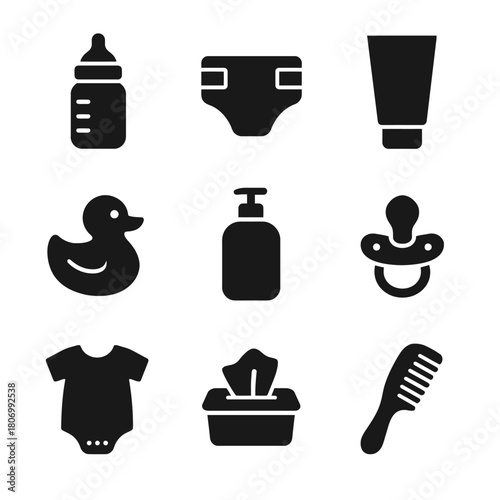 Baby care essentials icons: bottle, diaper, cream, duck, soap, pacifier, onesie, wipes, comb