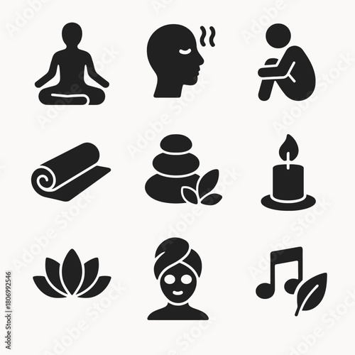 Set of wellness icons featuring meditation, relaxation, and spa elements