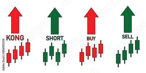 Finance & Trading Icons Set – Call, Put, Buy, Sell, Long & Short Arrows with Candlestick Charts for Stock, Forex & Crypto