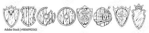 Hand drawn shield icon set, doodle medieval warrior armor, wooden viking protection equipment art. Hand drawn RPG fantasy game badge, ancient knight royal vintage sign. Heraldic shield icon collection