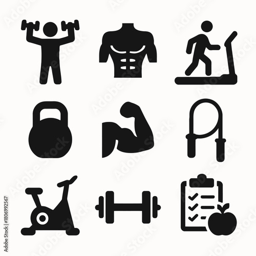 Fitness icons: exercise, kettlebell, treadmill, muscle, dumbbell, cycling, jump rope, workout