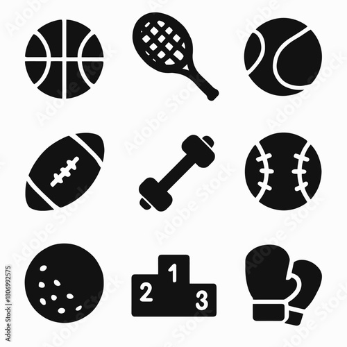 Black and white sports icons: basketball, tennis, football, dumbbell, baseball, bowling, podium, boxing gloves