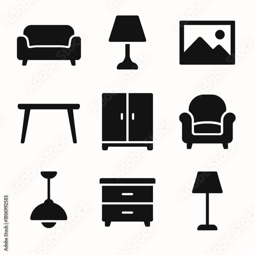 Silhouette icons set: furniture and home decor essentials