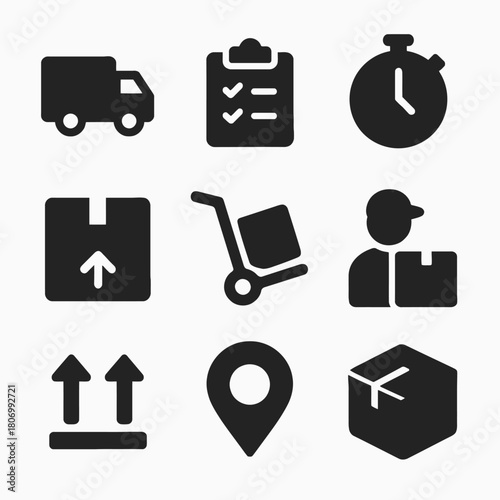 Essential delivery and shipping icons: truck, checklist, stopwatch, and more