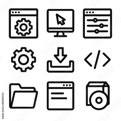 Technology icons: settings, computer, adjustments, gear, download, code, folder, documents, software