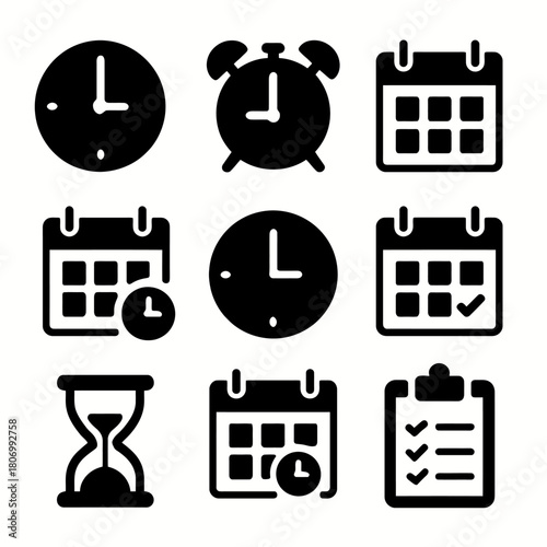 Clock and calendar icons: time management and scheduling symbols collection