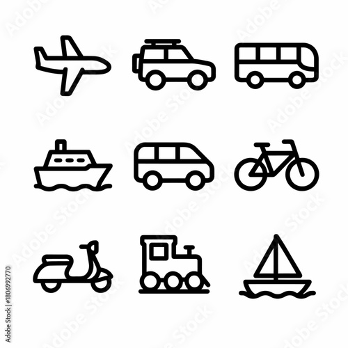 Outline icons of various transportation modes including land, sea, and air vehicles