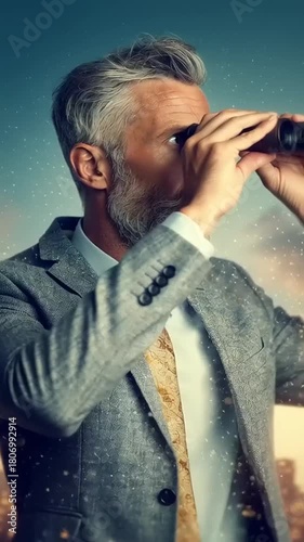 Observational leader, businessman utilizing strategic binoculars for investment market vision, surveying progress, cityscape observation