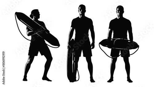 Lifeguard silhouettes with rescue tubes isolated on white background, Vector