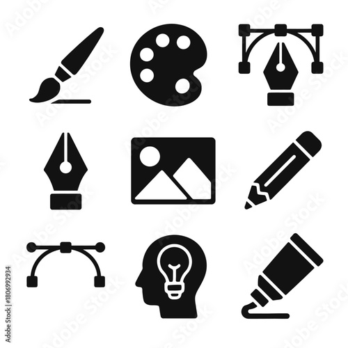 Creative design icons set: brush, palette, vector, pencil, head, tube