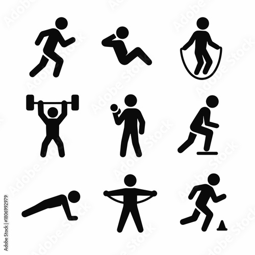 Stick figures engaged in various athletic activities and exercises