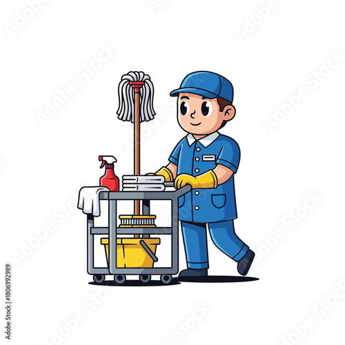 A-smiling-male-janitor-or-cleaner-pushing-a-cleaning-cart