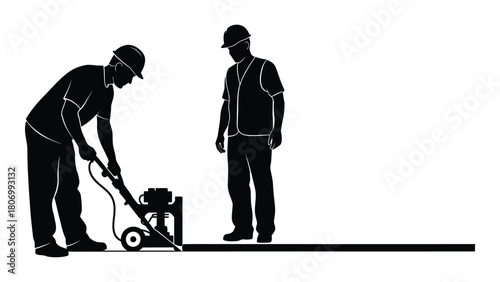 Construction workers operating equipment silhouette isolated on white background, Vector