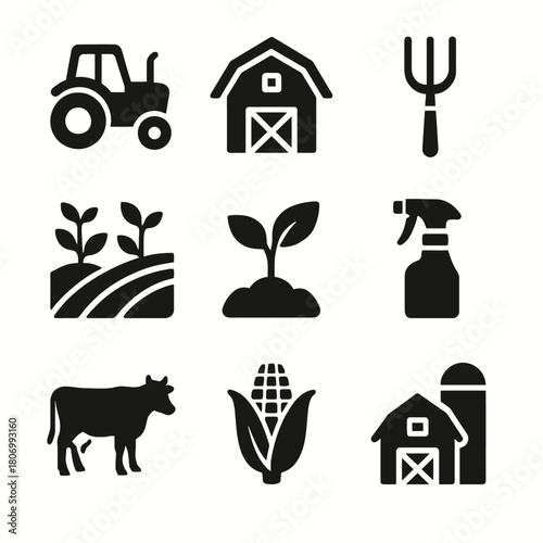 Set of farming icons including tractor, barn, pitchfork, plants, cow, corn, silo