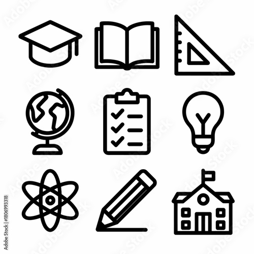 Education icons: graduation cap, books, ruler, globe, checklist, lightbulb, atom, pencil, school