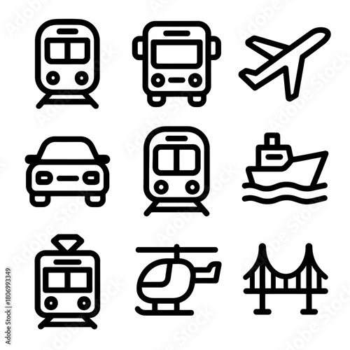 Set of transportation icons: train, bus, airplane, car, ferry, tram, helicopter, bridge