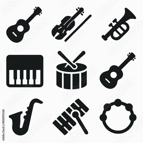 Collection of musical instrument icons: guitar, violin, trumpet, drum, piano, tambourine, saxophone