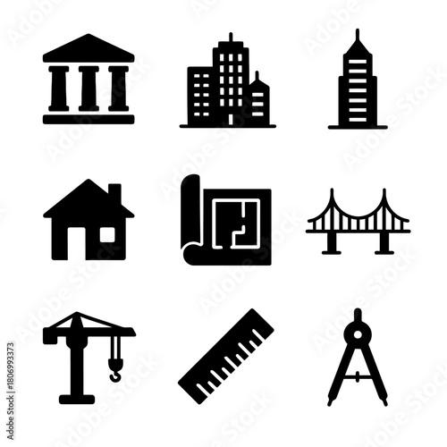 Architecture icons set: buildings, bridge, tools, house, blueprint