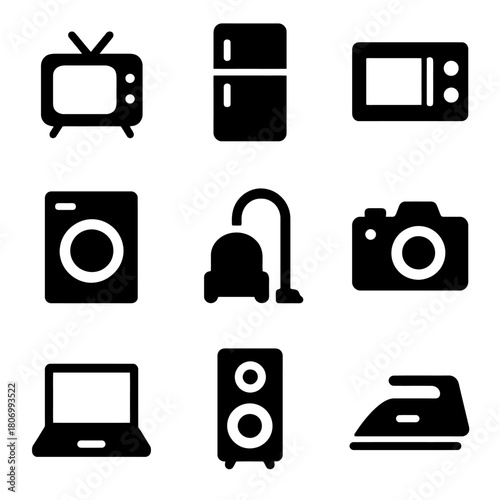 Set of home appliance icons: tv, fridge, microwave, washer, vacuum, camera, laptop, speaker, iron