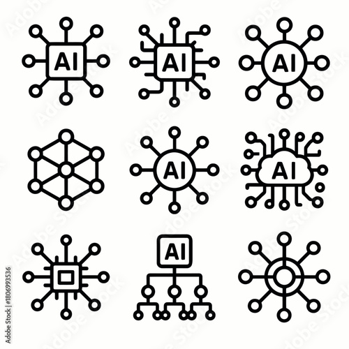 Ai circuit pattern: nine unique artificial intelligence microchip icons