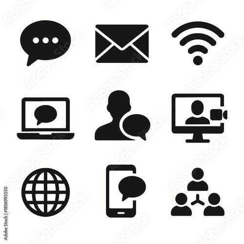 Black communication icons: chat, email, video, wifi, connections