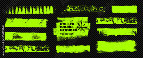 Roller trace lines, brush stroke and stamps. Roller strips with different nap levels for text and background. Brush stroke bold grunge lines. Letterpress grunge texture for overlay. Vector graphic