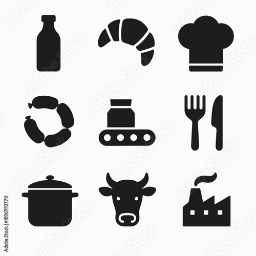 Food and cooking icons set: bottle, croissant, chef hat, sausages, jar, utensils, pot, cow, factory