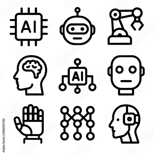 Icons of ai and robotics technology: robot, neural networks, automation, artificial intelligence
